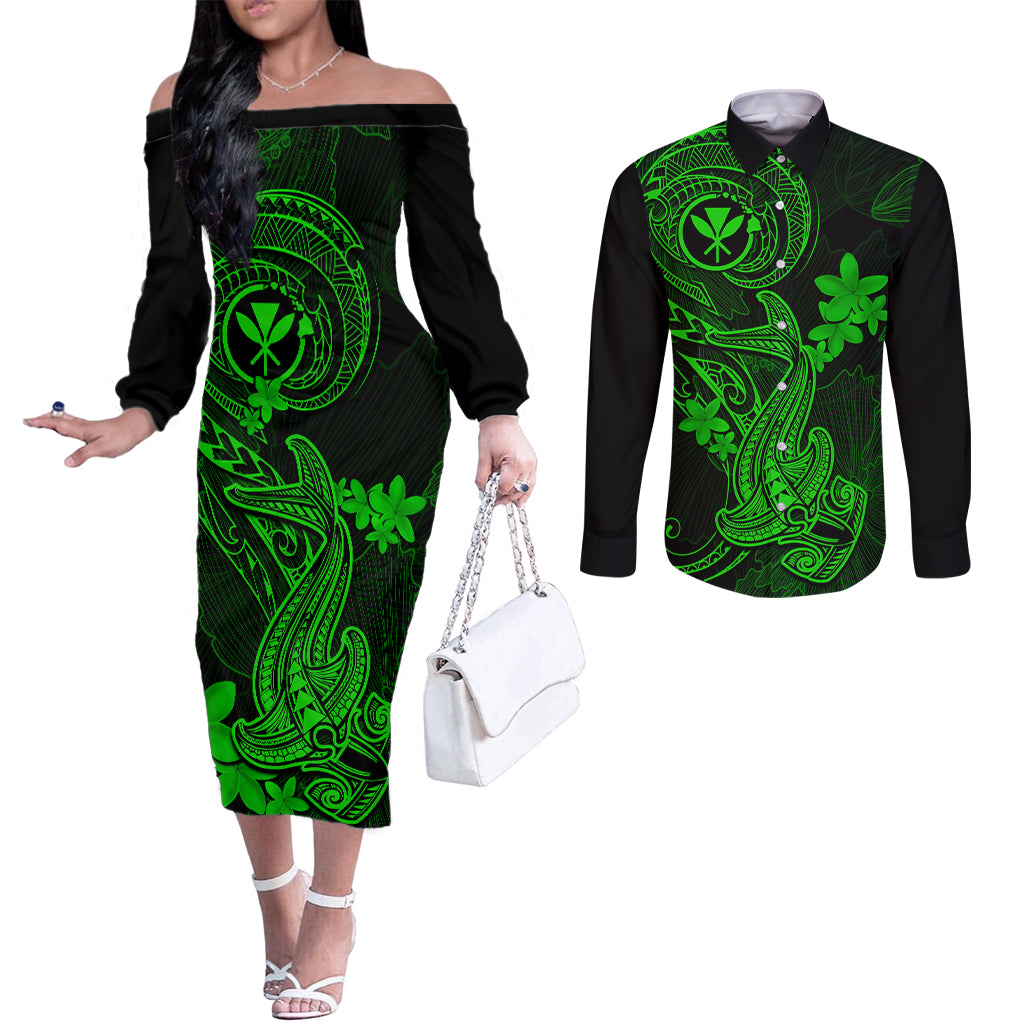 Hawaii Couples Matching Off The Shoulder Long Sleeve Dress and Long Sleeve Button Shirts Hammerhead Shark Tattoo Mix Polynesian Plumeria Green Version LT14 Green - Polynesian Pride
