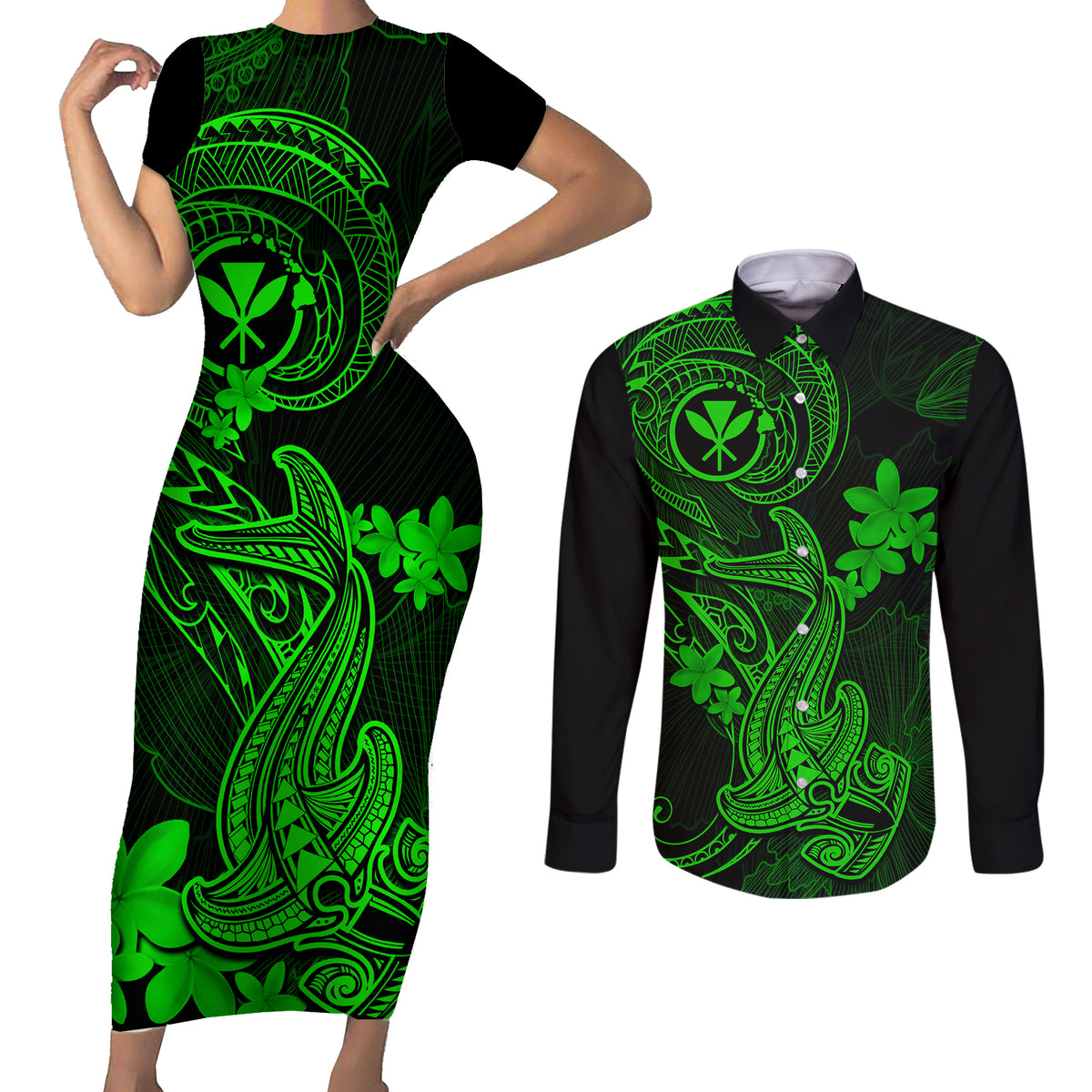 Hawaii Couples Matching Short Sleeve Bodycon Dress and Long Sleeve Button Shirts Hammerhead Shark Tattoo Mix Polynesian Plumeria Green Version LT14 Green - Polynesian Pride