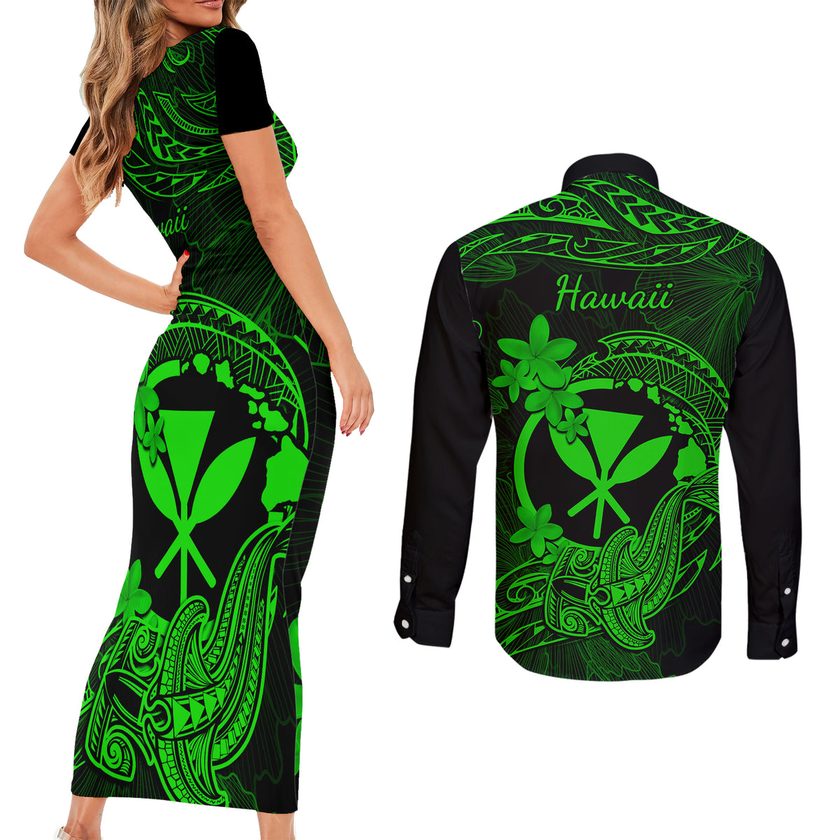Hawaii Couples Matching Short Sleeve Bodycon Dress and Long Sleeve Button Shirts Hammerhead Shark Tattoo Mix Polynesian Plumeria Green Version LT14 - Polynesian Pride