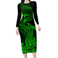 Hawaii Family Matching Long Sleeve Bodycon Dress and Hawaiian Shirt Hammerhead Shark Tattoo Mix Polynesian Plumeria Green Version LT14 Mom's Dress Green - Polynesian Pride