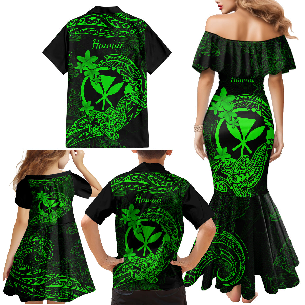 Hawaii Family Matching Mermaid Dress and Hawaiian Shirt Hammerhead Shark Tattoo Mix Polynesian Plumeria Green Version LT14 - Polynesian Pride