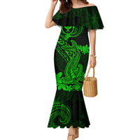 Hawaii Family Matching Mermaid Dress and Hawaiian Shirt Hammerhead Shark Tattoo Mix Polynesian Plumeria Green Version LT14 Mom's Dress Green - Polynesian Pride