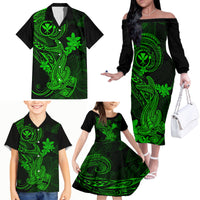 Hawaii Family Matching Off Shoulder Long Sleeve Dress and Hawaiian Shirt Hammerhead Shark Tattoo Mix Polynesian Plumeria Green Version LT14 - Polynesian Pride