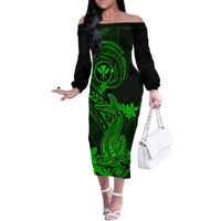 Hawaii Family Matching Off Shoulder Long Sleeve Dress and Hawaiian Shirt Hammerhead Shark Tattoo Mix Polynesian Plumeria Green Version LT14 Mom's Dress Green - Polynesian Pride