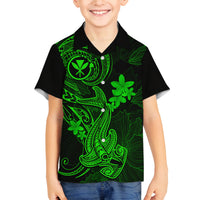 Hawaii Family Matching Off Shoulder Long Sleeve Dress and Hawaiian Shirt Hammerhead Shark Tattoo Mix Polynesian Plumeria Green Version LT14 Son's Shirt Green - Polynesian Pride