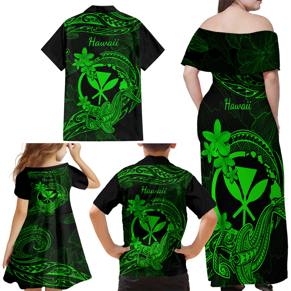 Hawaii Family Matching Off Shoulder Maxi Dress and Hawaiian Shirt Hammerhead Shark Tattoo Mix Polynesian Plumeria Green Version LT14 - Polynesian Pride