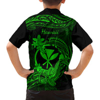 Hawaii Family Matching Off Shoulder Short Dress and Hawaiian Shirt Hammerhead Shark Tattoo Mix Polynesian Plumeria Green Version LT14 - Polynesian Pride