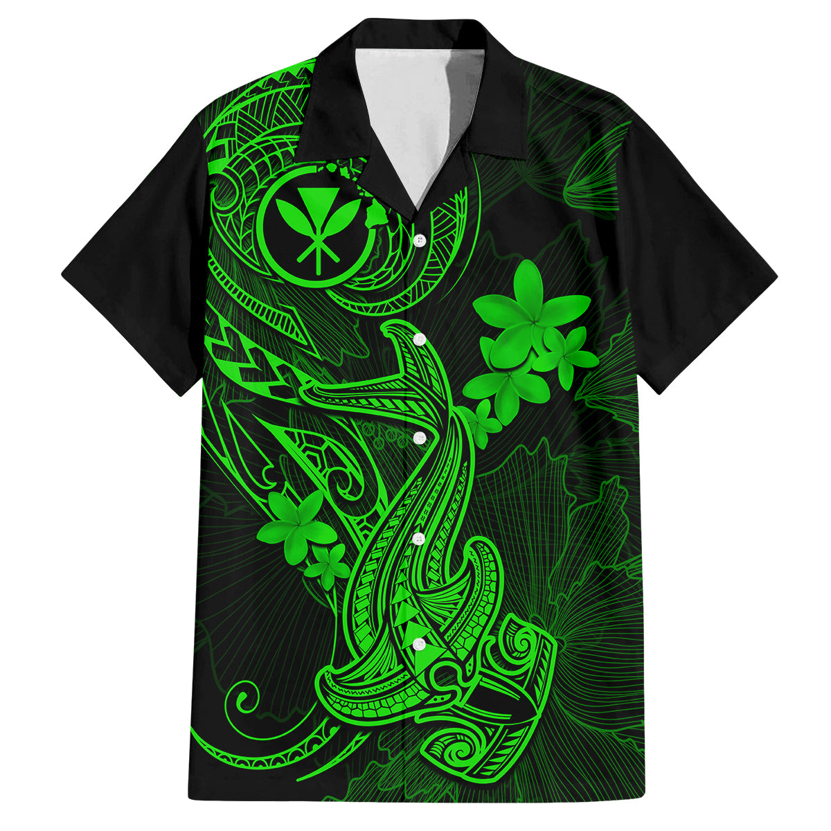 Hawaii Family Matching Off Shoulder Short Dress and Hawaiian Shirt Hammerhead Shark Tattoo Mix Polynesian Plumeria Green Version LT14 Dad's Shirt - Short Sleeve Green - Polynesian Pride