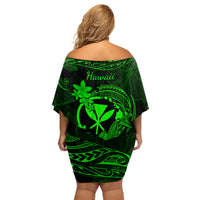 Hawaii Family Matching Off Shoulder Short Dress and Hawaiian Shirt Hammerhead Shark Tattoo Mix Polynesian Plumeria Green Version LT14 - Polynesian Pride