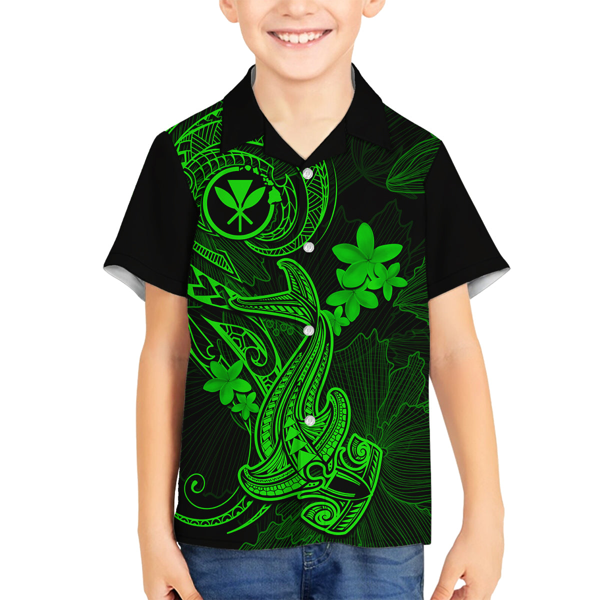 Hawaii Family Matching Off Shoulder Short Dress and Hawaiian Shirt Hammerhead Shark Tattoo Mix Polynesian Plumeria Green Version LT14 Son's Shirt Green - Polynesian Pride