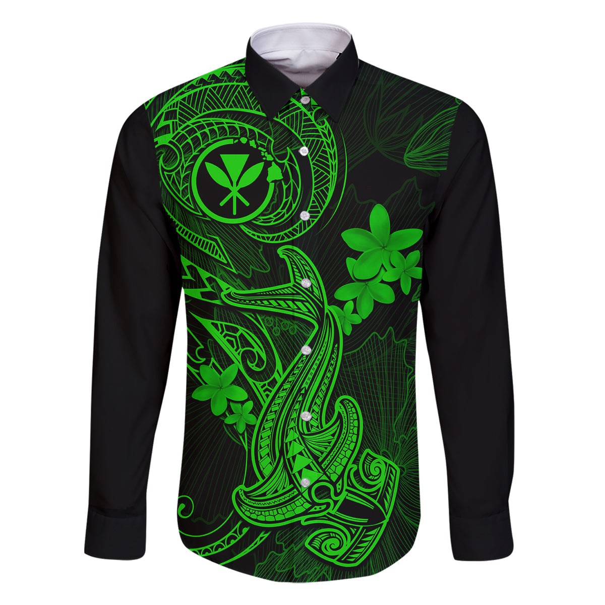 Hawaii Family Matching Short Sleeve Bodycon Dress and Hawaiian Shirt Hammerhead Shark Tattoo Mix Polynesian Plumeria Green Version LT14 Dad's Shirt - Long Sleeve Green - Polynesian Pride