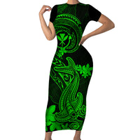 Hawaii Family Matching Short Sleeve Bodycon Dress and Hawaiian Shirt Hammerhead Shark Tattoo Mix Polynesian Plumeria Green Version LT14 Mom's Dress Green - Polynesian Pride