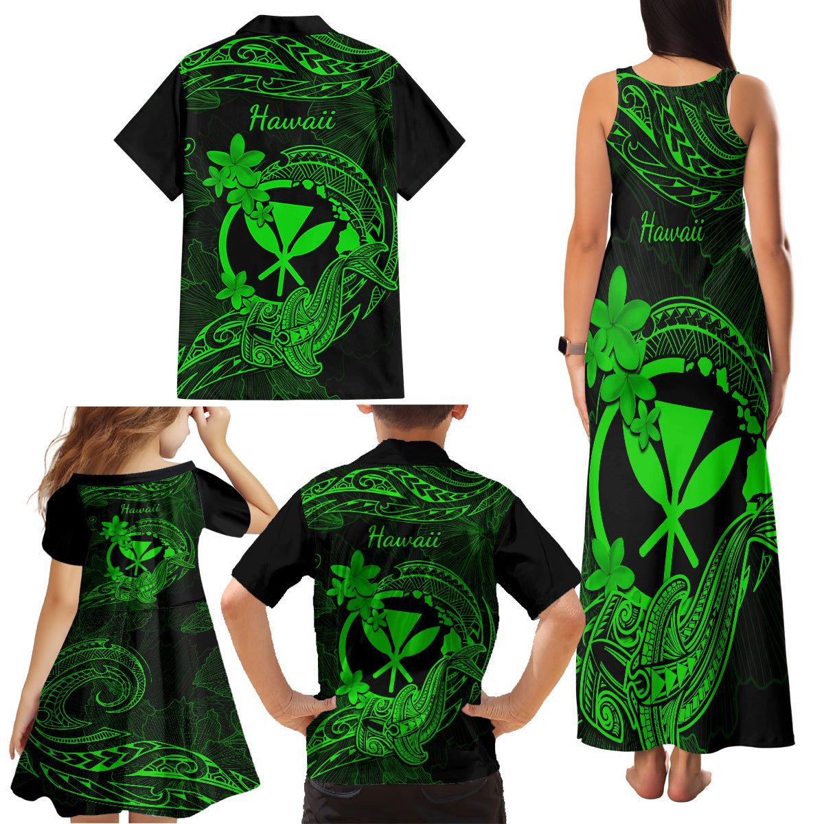 Hawaii Family Matching Tank Maxi Dress and Hawaiian Shirt Hammerhead Shark Tattoo Mix Polynesian Plumeria Green Version LT14 - Polynesian Pride