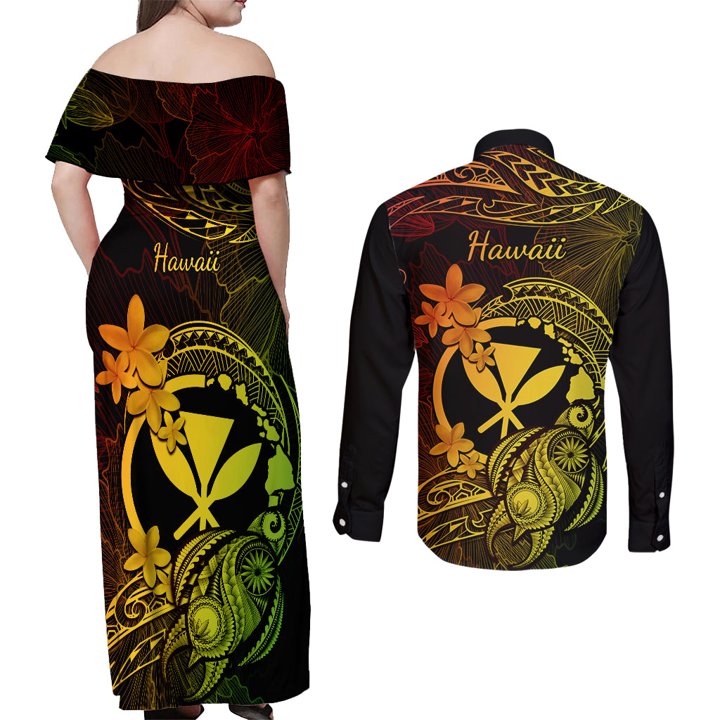 hawaii-couples-matching-off-shoulder-maxi-dress-and-long-sleeve-button-shirts-turtle-mix-polynesian-plumeria-reggae-version