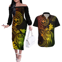 Hawaii Couples Matching Off The Shoulder Long Sleeve Dress and Hawaiian Shirt Turtle Mix Polynesian Plumeria Reggae Version LT14 Reggae - Polynesian Pride