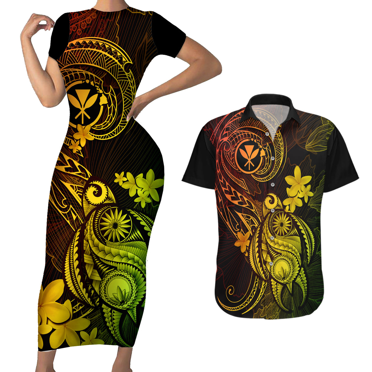 Hawaii Couples Matching Short Sleeve Bodycon Dress and Hawaiian Shirt Turtle Mix Polynesian Plumeria Reggae Version LT14 Reggae - Polynesian Pride