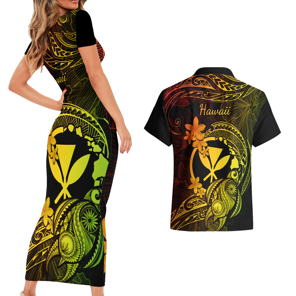Hawaii Couples Matching Short Sleeve Bodycon Dress and Hawaiian Shirt Turtle Mix Polynesian Plumeria Reggae Version LT14 - Polynesian Pride