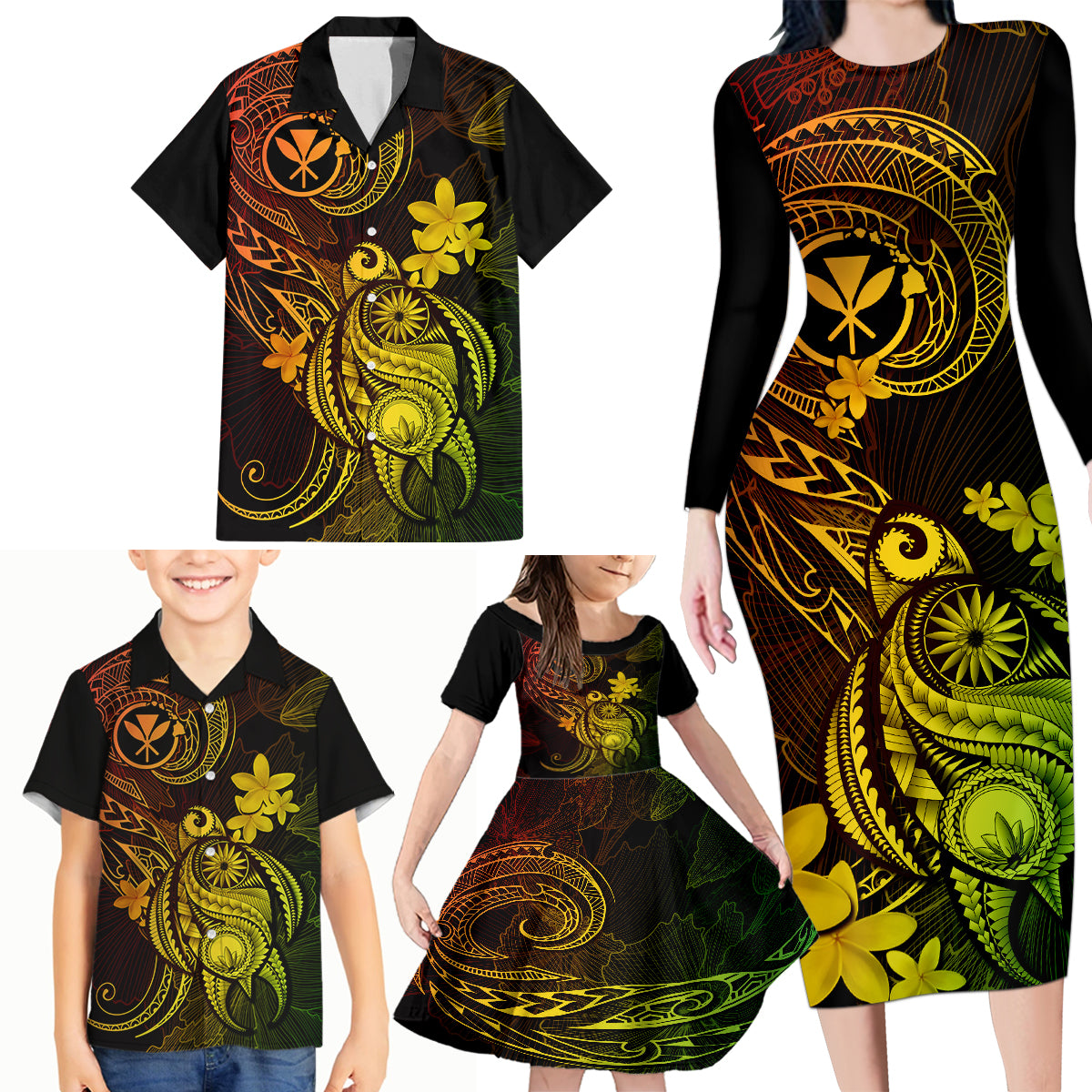 Hawaii Family Matching Long Sleeve Bodycon Dress and Hawaiian Shirt Turtle Mix Polynesian Plumeria Reggae Version LT14 - Polynesian Pride