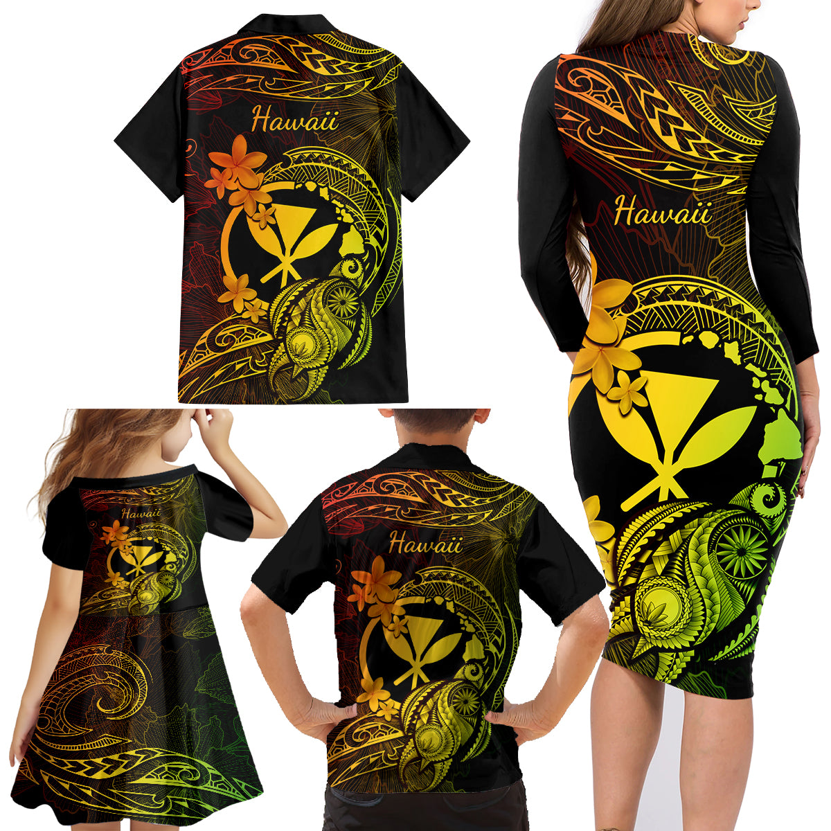 Hawaii Family Matching Long Sleeve Bodycon Dress and Hawaiian Shirt Turtle Mix Polynesian Plumeria Reggae Version LT14 - Polynesian Pride