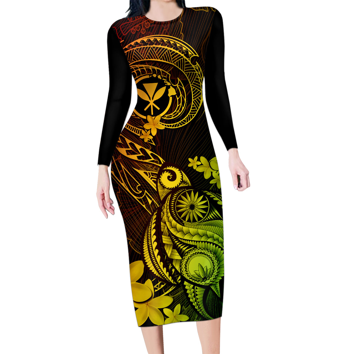 Hawaii Family Matching Long Sleeve Bodycon Dress and Hawaiian Shirt Turtle Mix Polynesian Plumeria Reggae Version LT14 Mom's Dress Reggae - Polynesian Pride