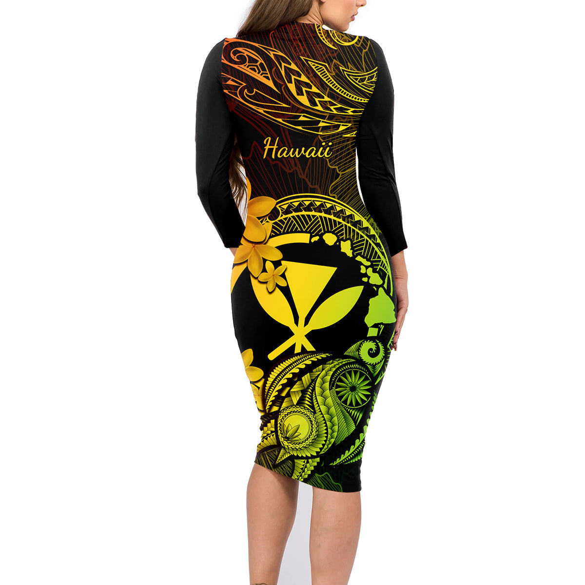 Hawaii Family Matching Long Sleeve Bodycon Dress and Hawaiian Shirt Turtle Mix Polynesian Plumeria Reggae Version LT14 - Polynesian Pride