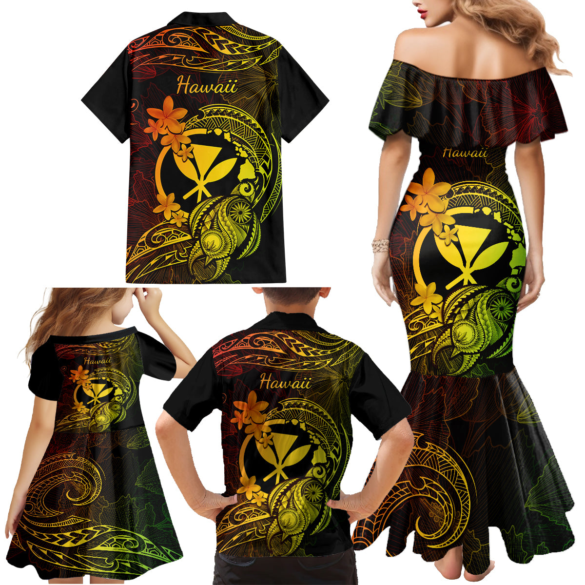 Hawaii Family Matching Mermaid Dress and Hawaiian Shirt Turtle Mix Polynesian Plumeria Reggae Version LT14 - Polynesian Pride