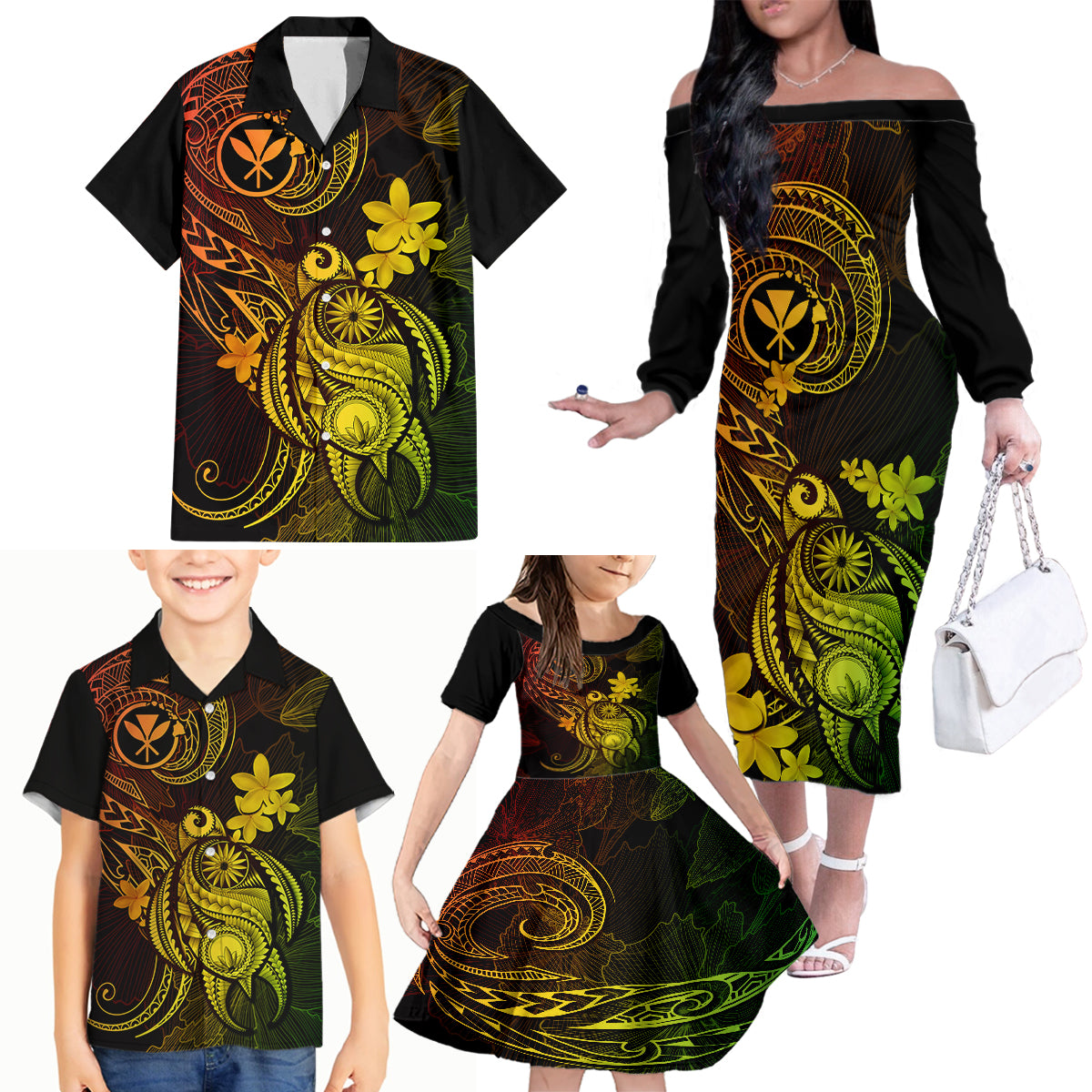 Hawaii Family Matching Off Shoulder Long Sleeve Dress and Hawaiian Shirt Turtle Mix Polynesian Plumeria Reggae Version LT14 - Polynesian Pride