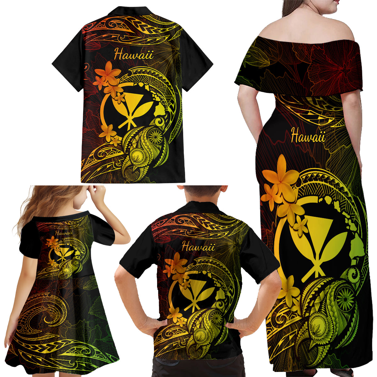 Hawaii Family Matching Off Shoulder Long Sleeve Dress and Hawaiian Shirt Turtle Mix Polynesian Plumeria Reggae Version LT14 - Polynesian Pride