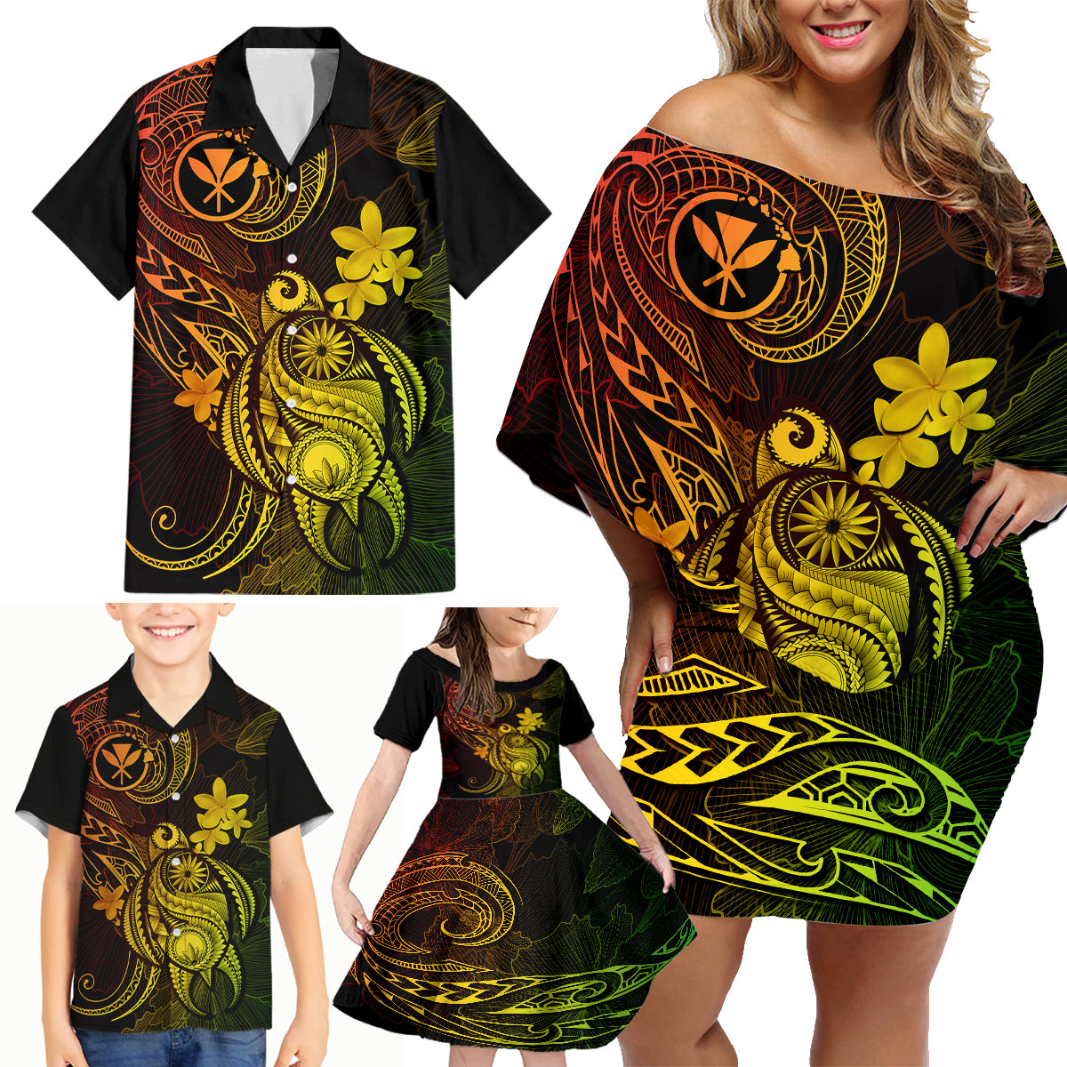 Hawaii Family Matching Off Shoulder Short Dress and Hawaiian Shirt Turtle Mix Polynesian Plumeria Reggae Version LT14 - Polynesian Pride
