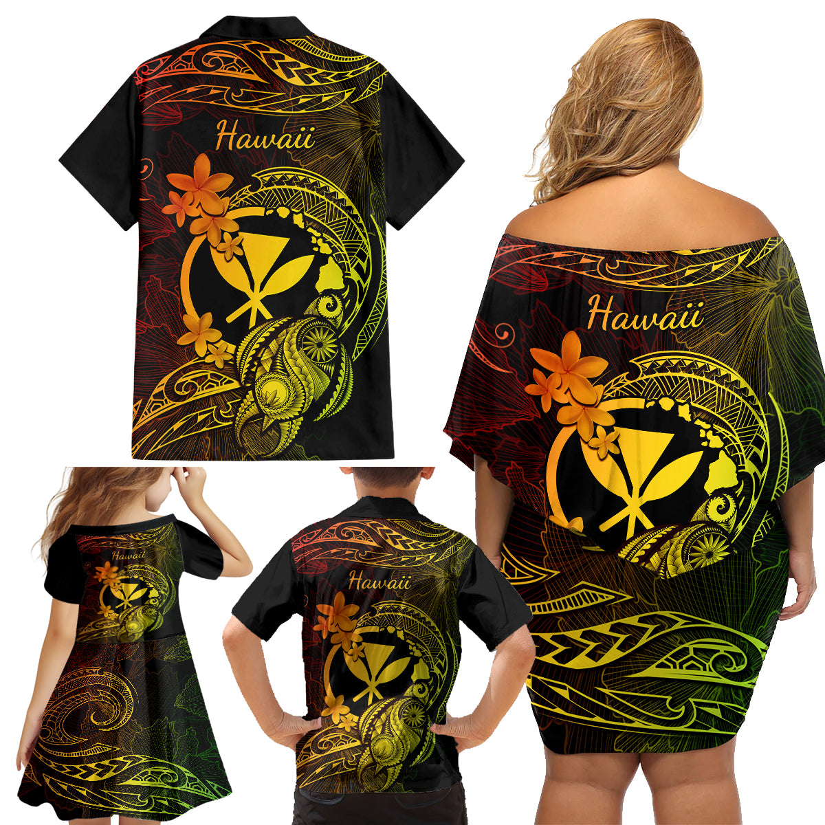 Hawaii Family Matching Off Shoulder Short Dress and Hawaiian Shirt Turtle Mix Polynesian Plumeria Reggae Version LT14 - Polynesian Pride