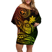 Hawaii Family Matching Off Shoulder Short Dress and Hawaiian Shirt Turtle Mix Polynesian Plumeria Reggae Version LT14 Mom's Dress Reggae - Polynesian Pride