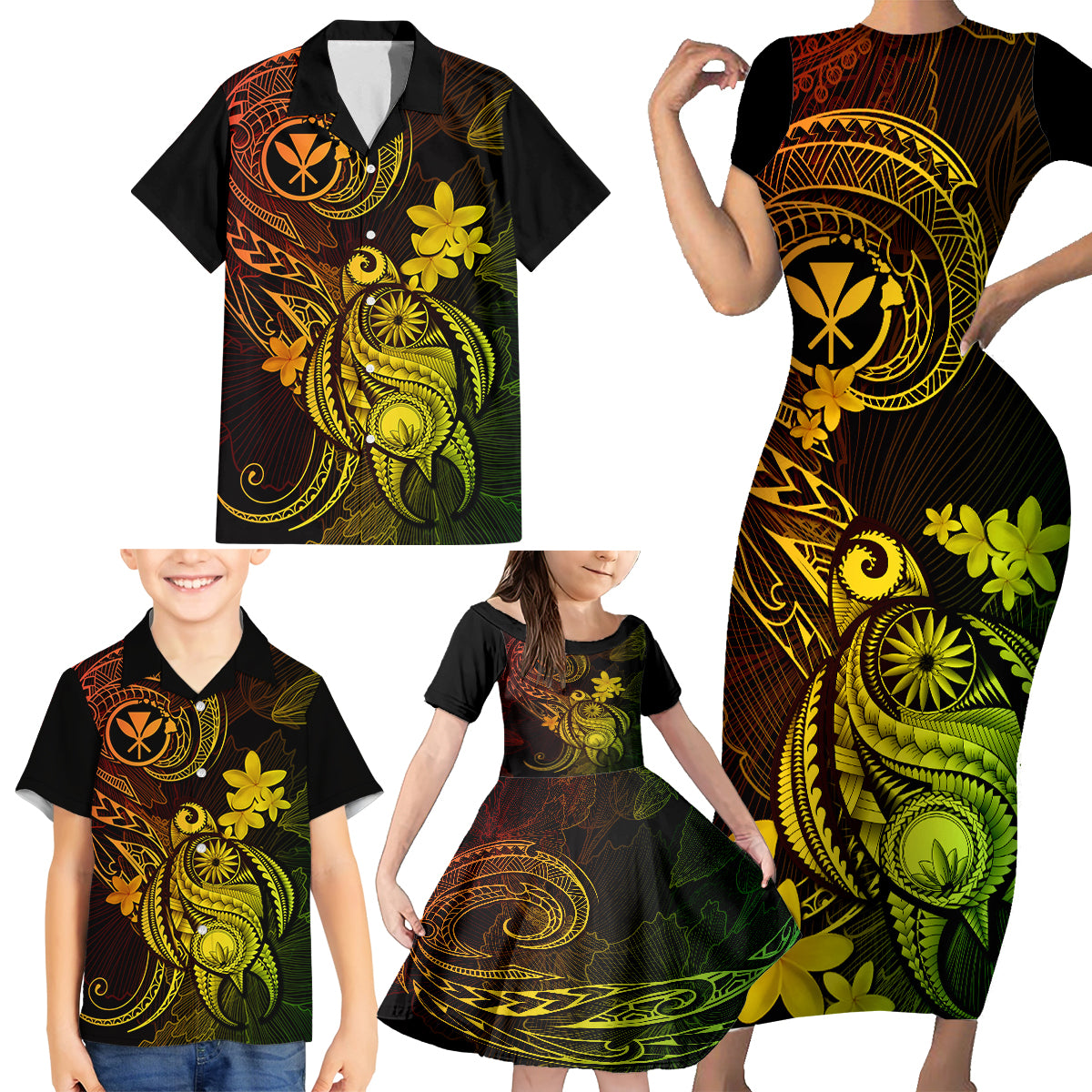 Hawaii Family Matching Short Sleeve Bodycon Dress and Hawaiian Shirt Turtle Mix Polynesian Plumeria Reggae Version LT14 - Polynesian Pride