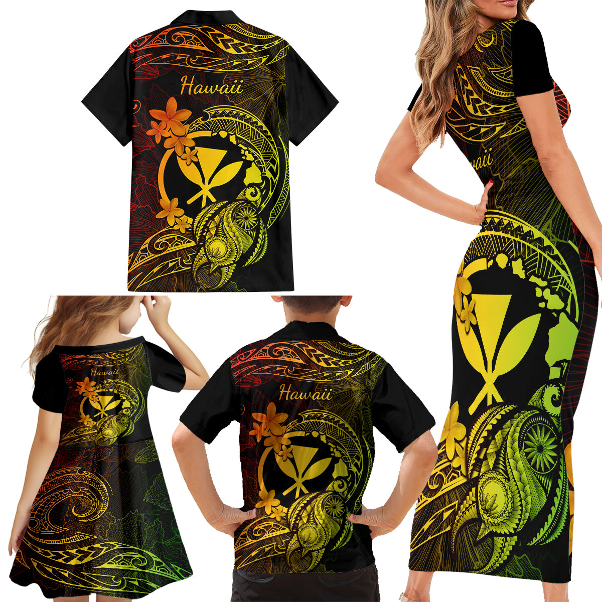 Hawaii Family Matching Short Sleeve Bodycon Dress and Hawaiian Shirt Turtle Mix Polynesian Plumeria Reggae Version LT14 - Polynesian Pride