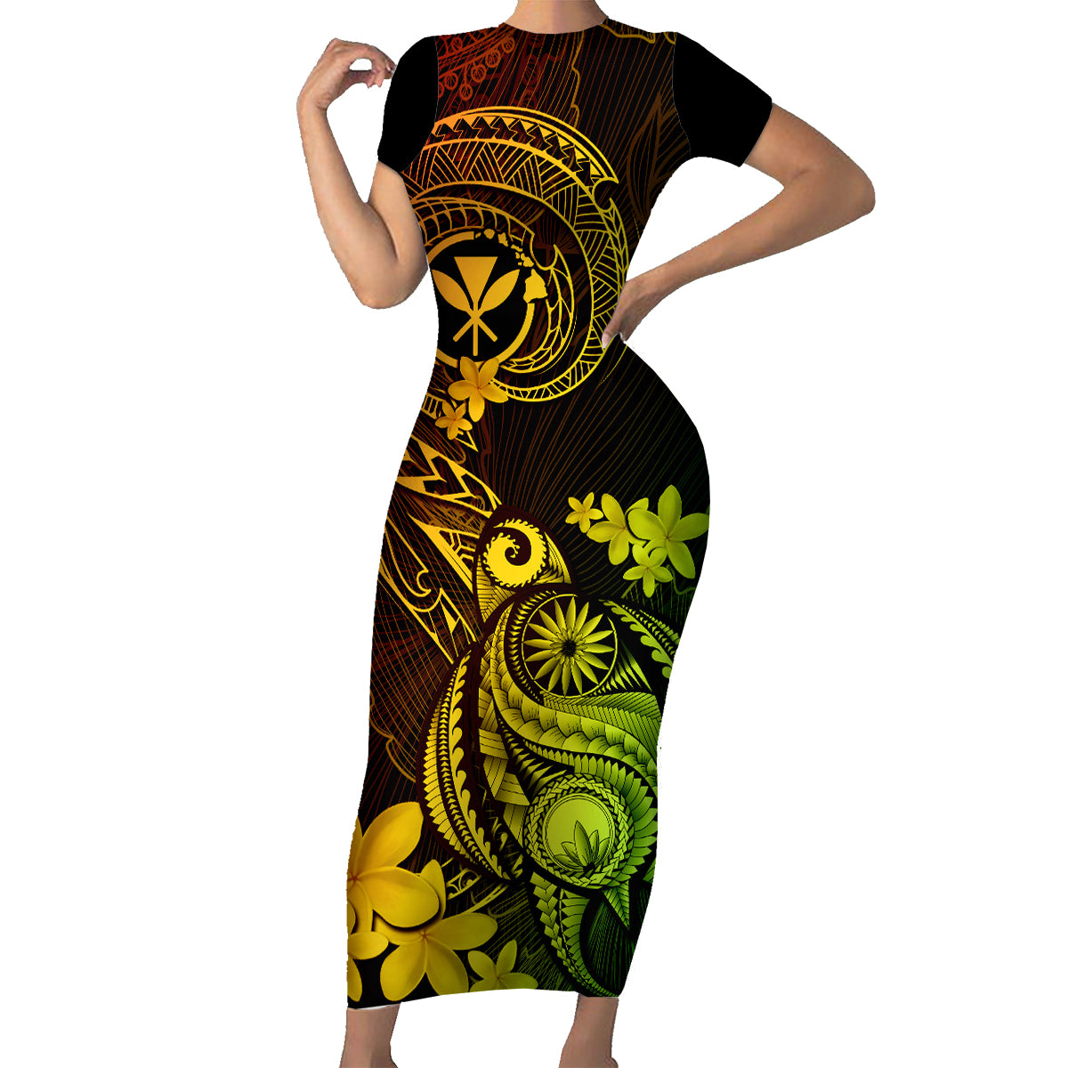 Hawaii Family Matching Short Sleeve Bodycon Dress and Hawaiian Shirt Turtle Mix Polynesian Plumeria Reggae Version LT14 Mom's Dress Reggae - Polynesian Pride