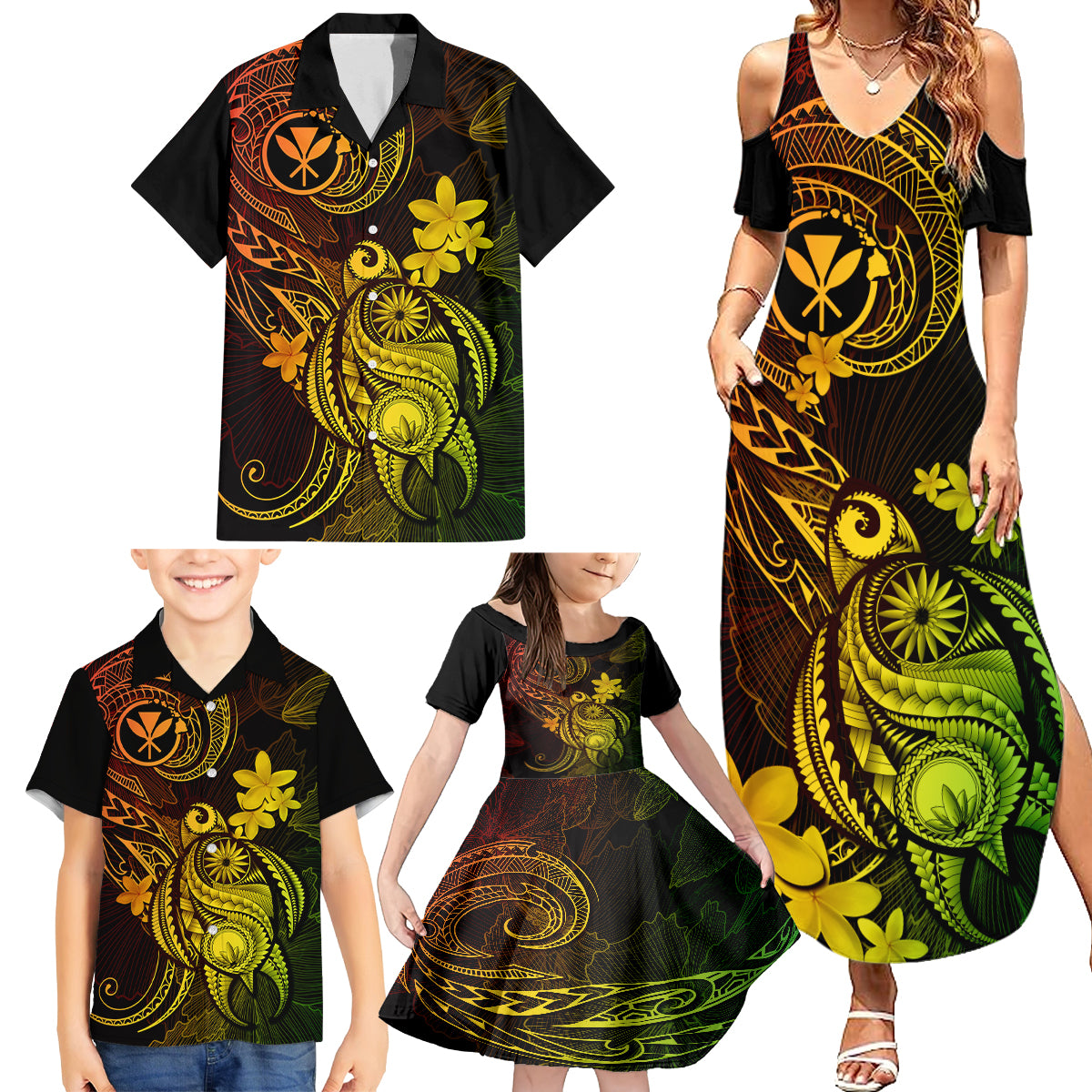 Hawaii Family Matching Summer Maxi Dress and Hawaiian Shirt Turtle Mix Polynesian Plumeria Reggae Version LT14 - Polynesian Pride