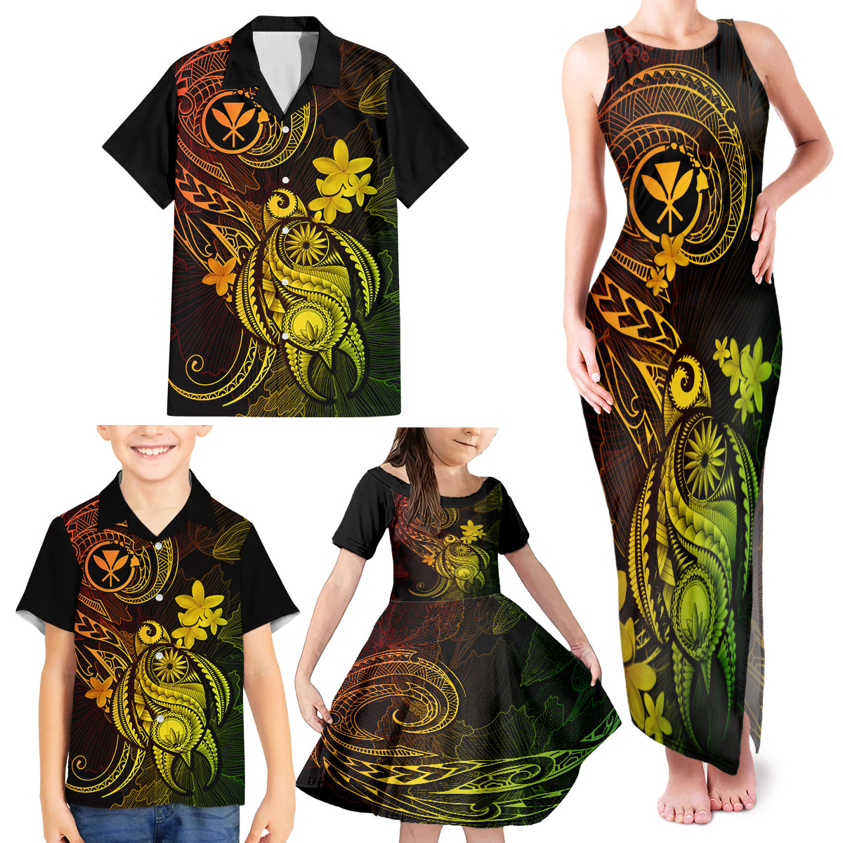 Hawaii Family Matching Tank Maxi Dress and Hawaiian Shirt Turtle Mix Polynesian Plumeria Reggae Version LT14 - Polynesian Pride
