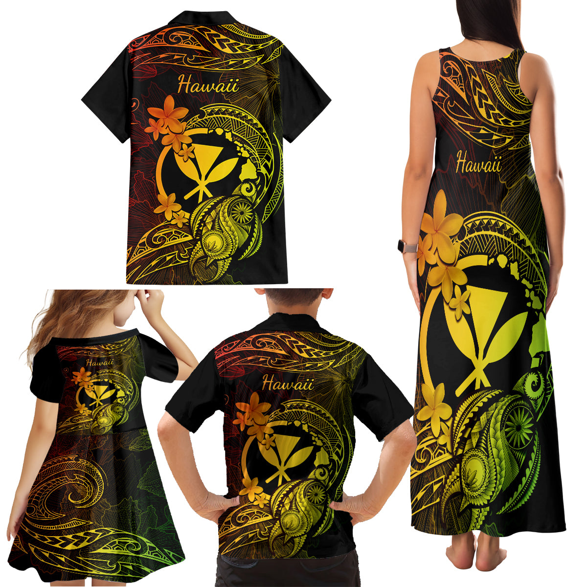 Hawaii Family Matching Tank Maxi Dress and Hawaiian Shirt Turtle Mix Polynesian Plumeria Reggae Version LT14 - Polynesian Pride