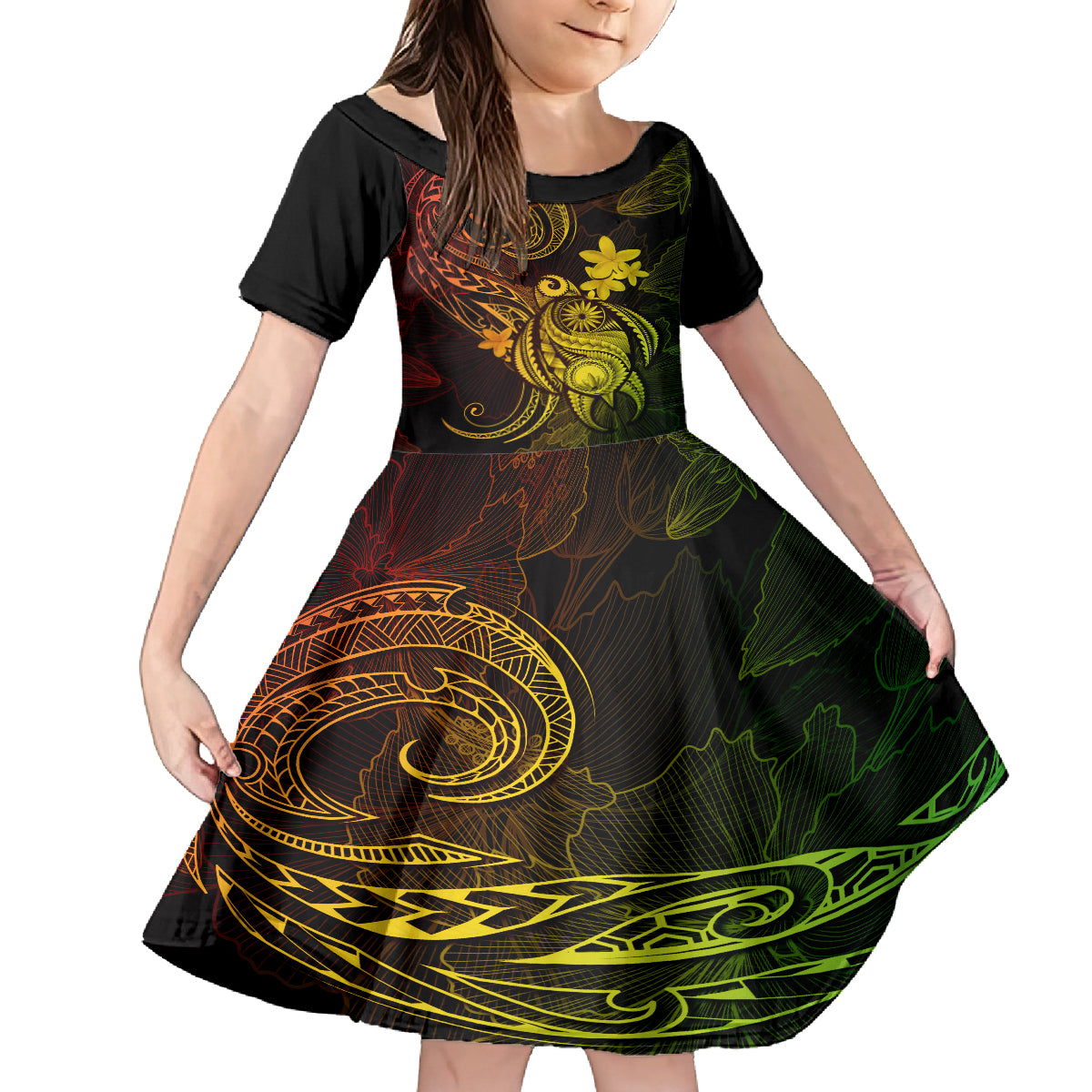 Hawaii Kid Short Sleeve Dress Turtle Mix Polynesian Plumeria Reggae Version LT14 KID Reggae - Polynesian Pride