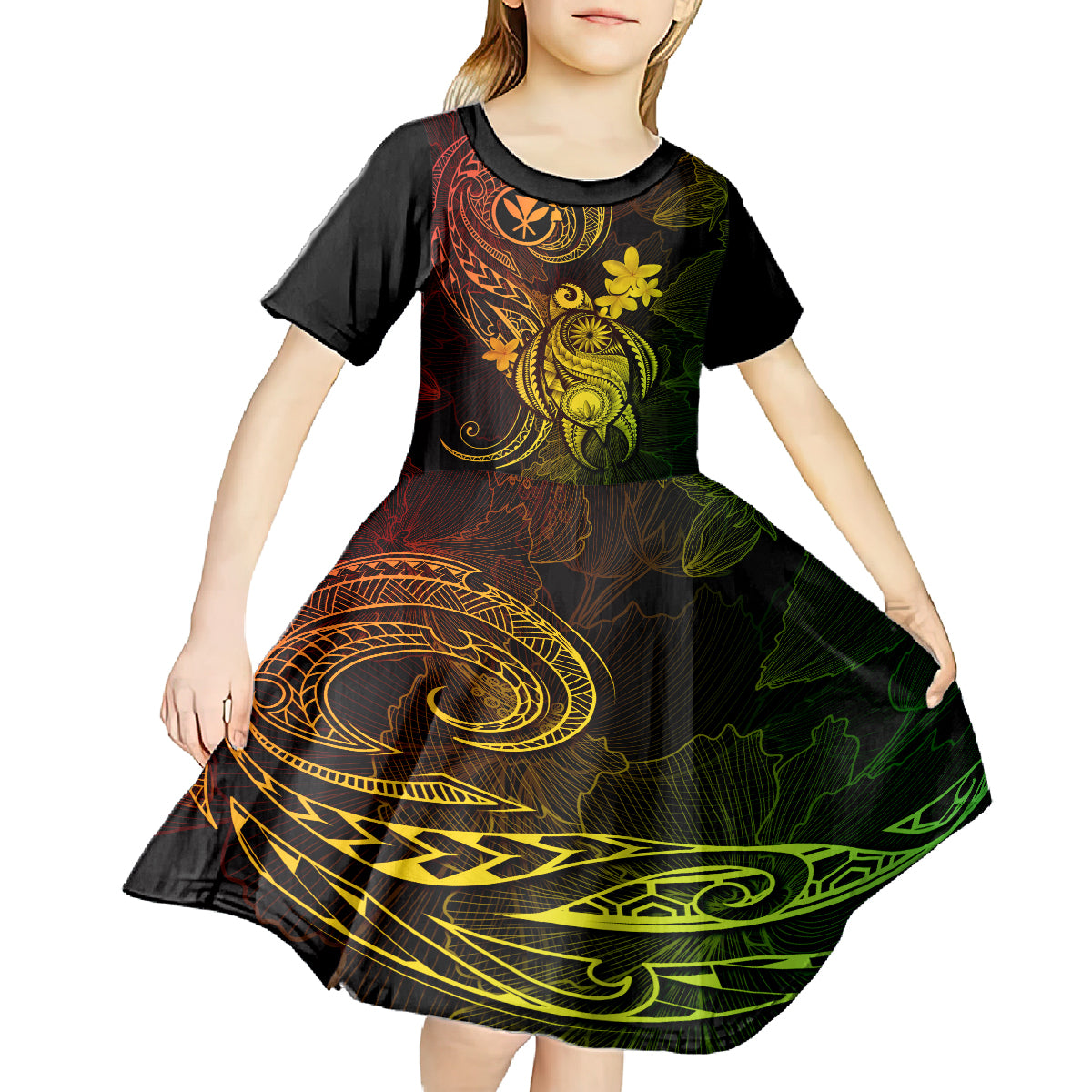Hawaii Kid Short Sleeve Dress Turtle Mix Polynesian Plumeria Reggae Version LT14 - Polynesian Pride