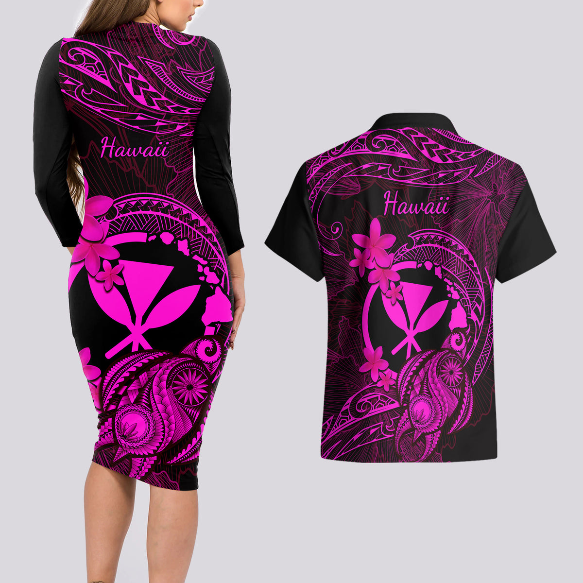 Hawaii Couples Matching Long Sleeve Bodycon Dress and Hawaiian Shirt Turtle Mix Polynesian Plumeria Pink Version LT14 - Polynesian Pride