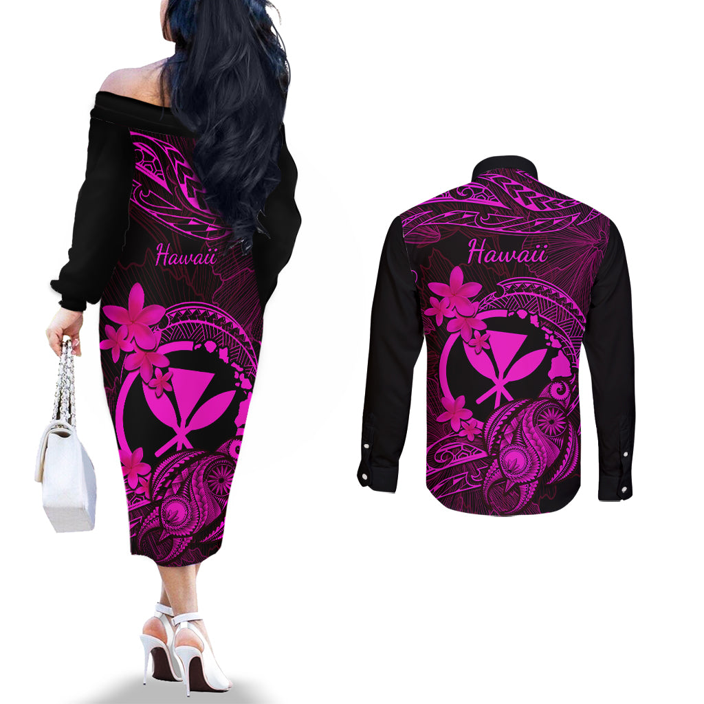 hawaii-couples-matching-off-the-shoulder-long-sleeve-dress-and-long-sleeve-button-shirts-turtle-mix-polynesian-plumeria-pink-version