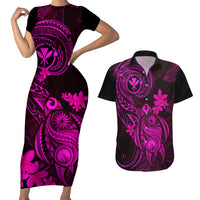 Hawaii Couples Matching Short Sleeve Bodycon Dress and Hawaiian Shirt Turtle Mix Polynesian Plumeria Pink Version LT14 Pink - Polynesian Pride