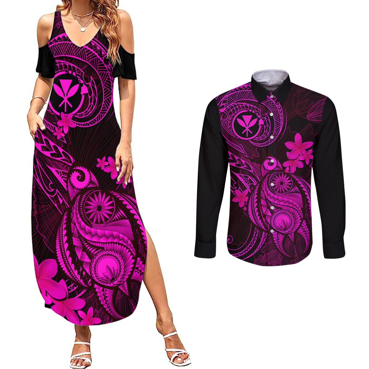 hawaii-couples-matching-summer-maxi-dress-and-long-sleeve-button-shirts-turtle-mix-polynesian-plumeria-pink-version