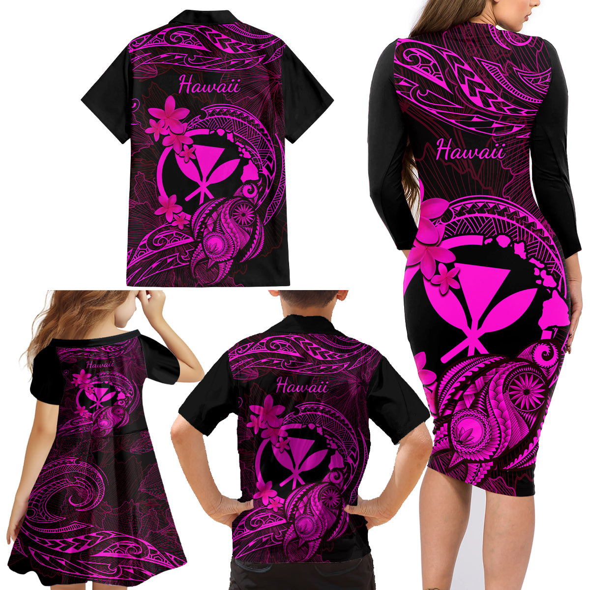 Hawaii Family Matching Long Sleeve Bodycon Dress and Hawaiian Shirt Turtle Mix Polynesian Plumeria Pink Version LT14 - Polynesian Pride