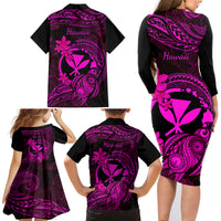 Hawaii Family Matching Long Sleeve Bodycon Dress and Hawaiian Shirt Turtle Mix Polynesian Plumeria Pink Version LT14 - Polynesian Pride
