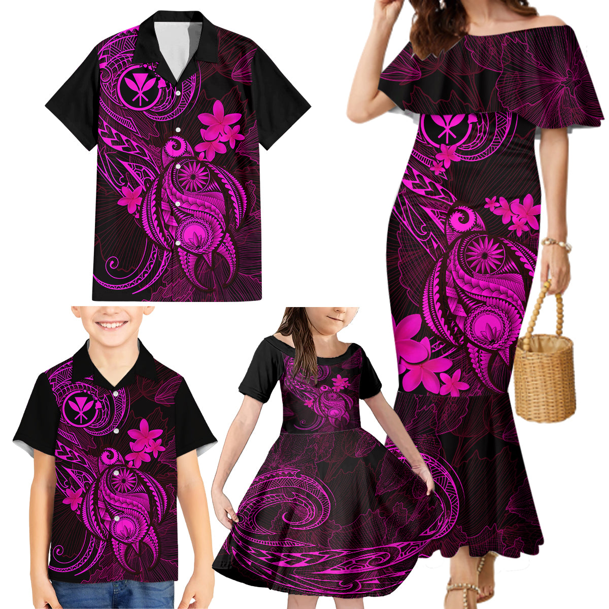 Hawaii Family Matching Mermaid Dress and Hawaiian Shirt Turtle Mix Polynesian Plumeria Pink Version LT14 - Polynesian Pride