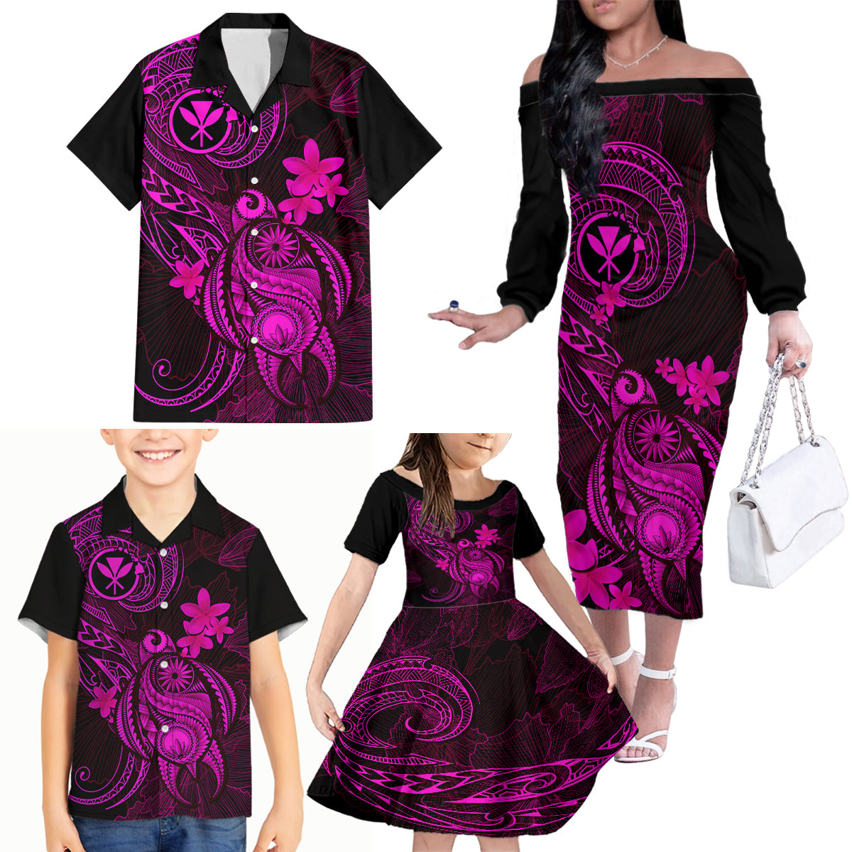 Hawaii Family Matching Off Shoulder Long Sleeve Dress and Hawaiian Shirt Turtle Mix Polynesian Plumeria Pink Version LT14 - Polynesian Pride