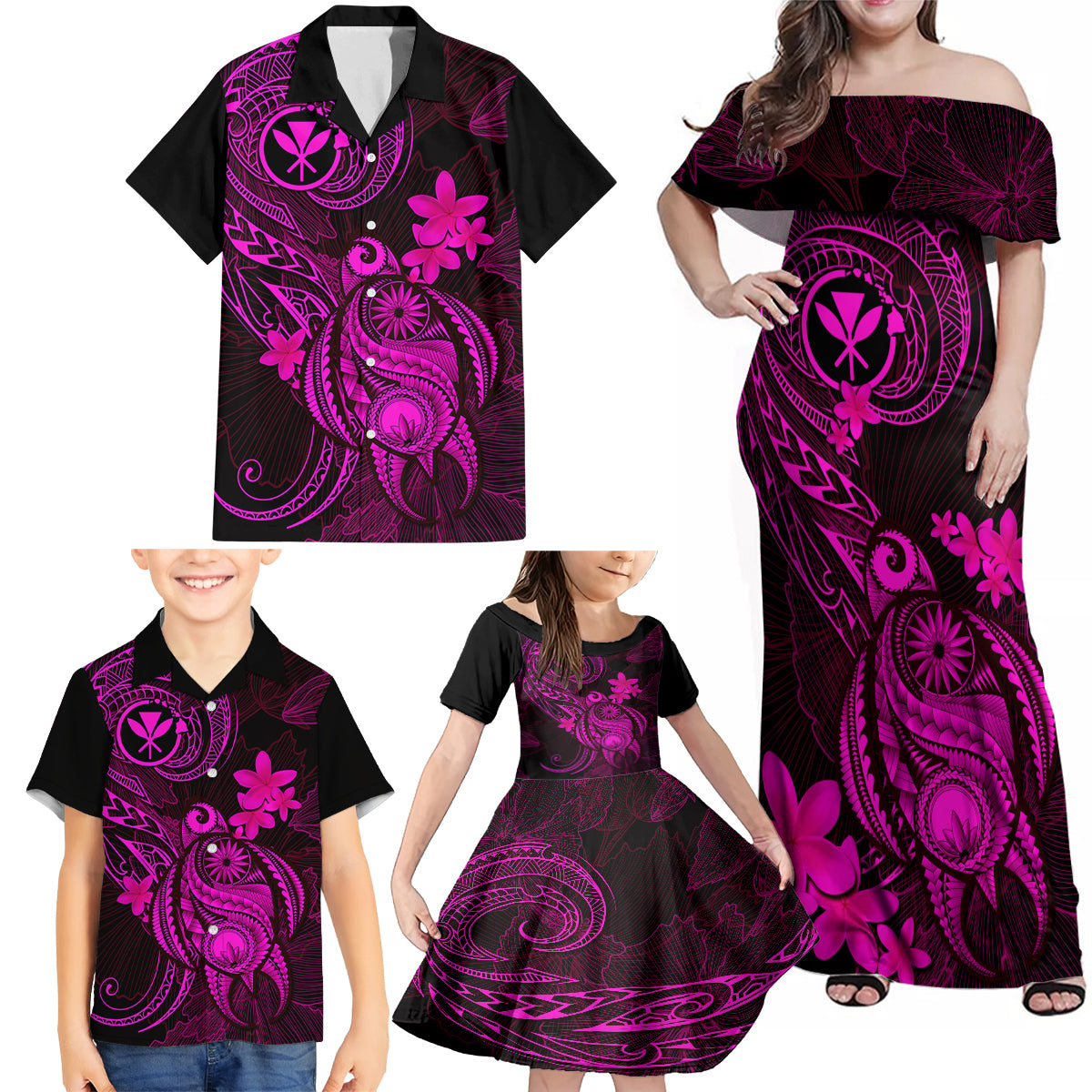 Hawaii Family Matching Off Shoulder Maxi Dress and Hawaiian Shirt Turtle Mix Polynesian Plumeria Pink Version LT14 - Polynesian Pride