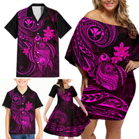 Hawaii Family Matching Off Shoulder Short Dress and Hawaiian Shirt Turtle Mix Polynesian Plumeria Pink Version LT14 - Polynesian Pride
