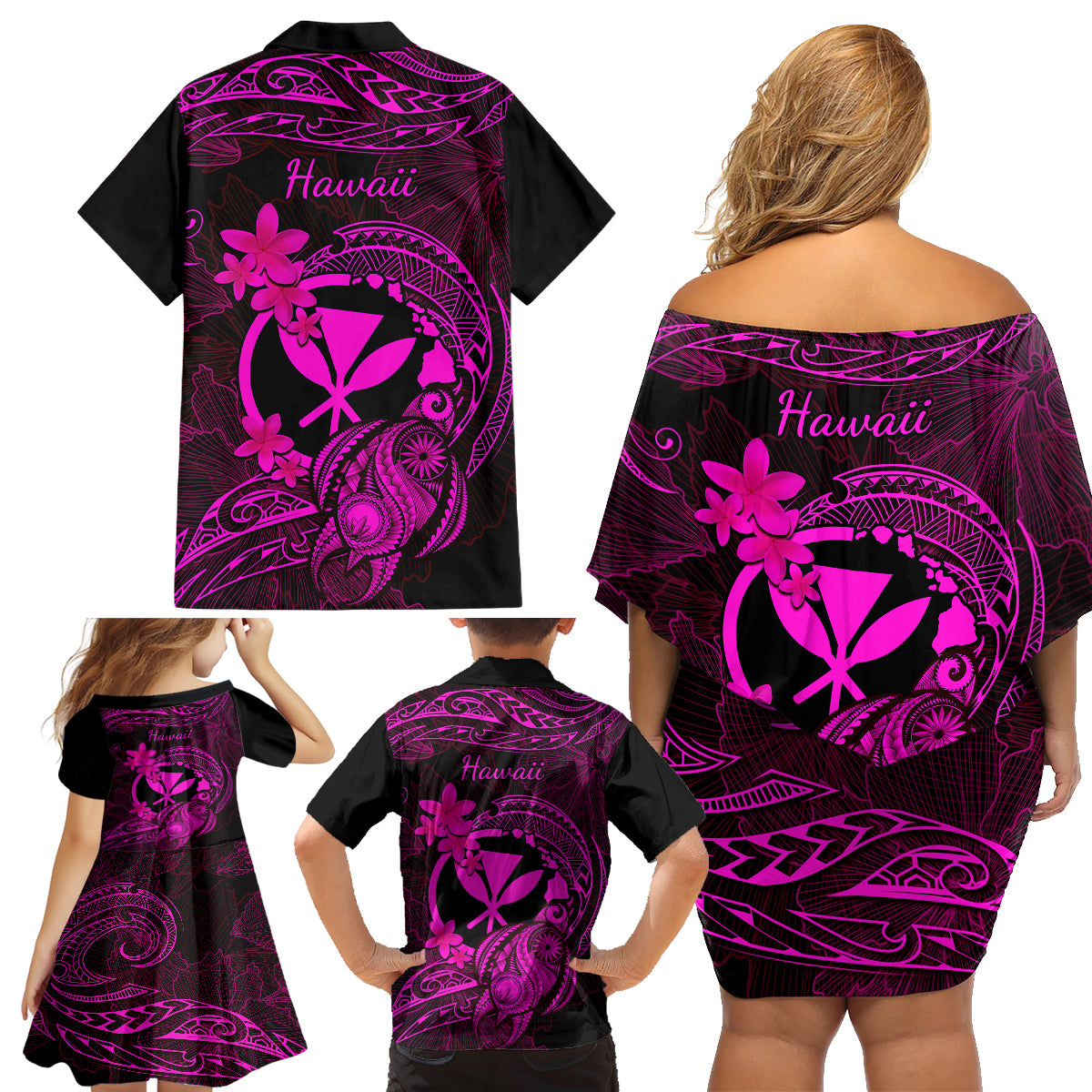 Hawaii Family Matching Off Shoulder Short Dress and Hawaiian Shirt Turtle Mix Polynesian Plumeria Pink Version LT14 - Polynesian Pride